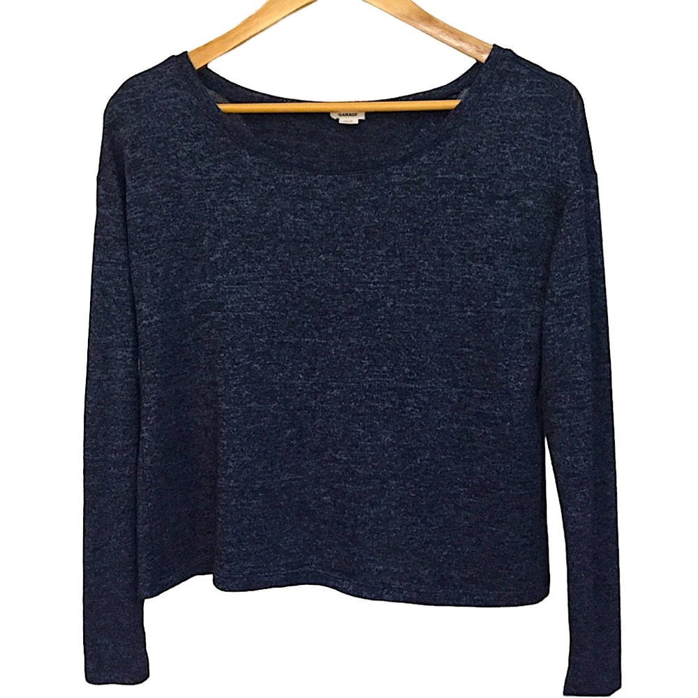 GARAGE sz X Small Knit Top Long Sleeve Open Flap Fly Away Back Scoop Neck Navy